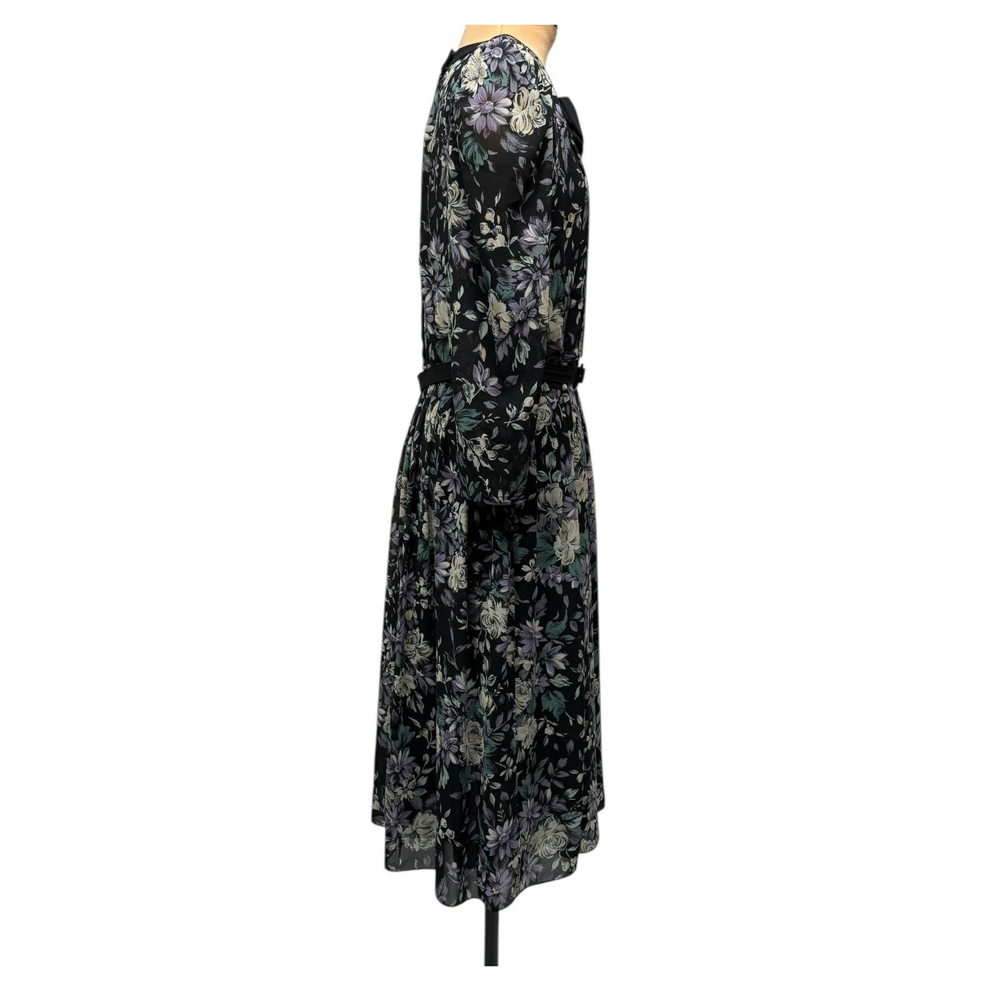 Vintage Donna Morgan NSP Black Floral Midi Dress w/ Bow Neck & Belt – S/P