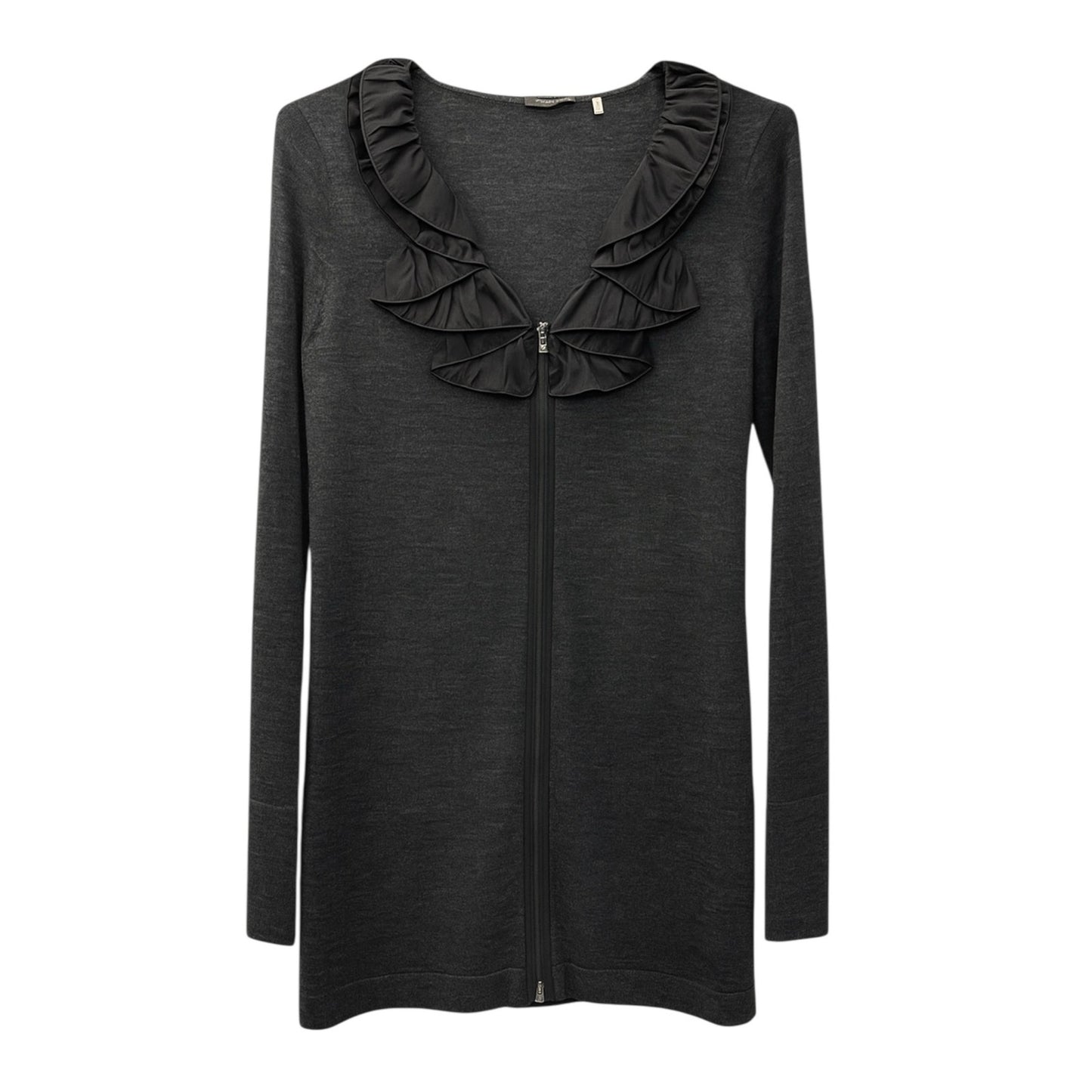 Tahari Cardigan Size S Black Ruffle Collar Zip Front LS Sweater Wool Blend