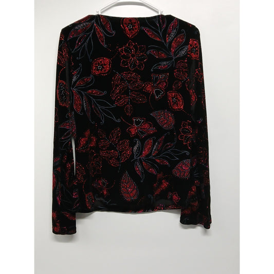 Vintage Leslie Fay Black Velvet Glitter Floral Long Sleeve Cowl Neck Top Sz L