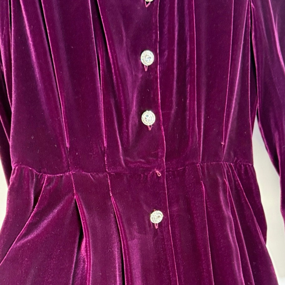 Vintage Liz Claiborne Purple Rayon Silk Midi Dress Rhinestone Buttons Pockets V-Neck M