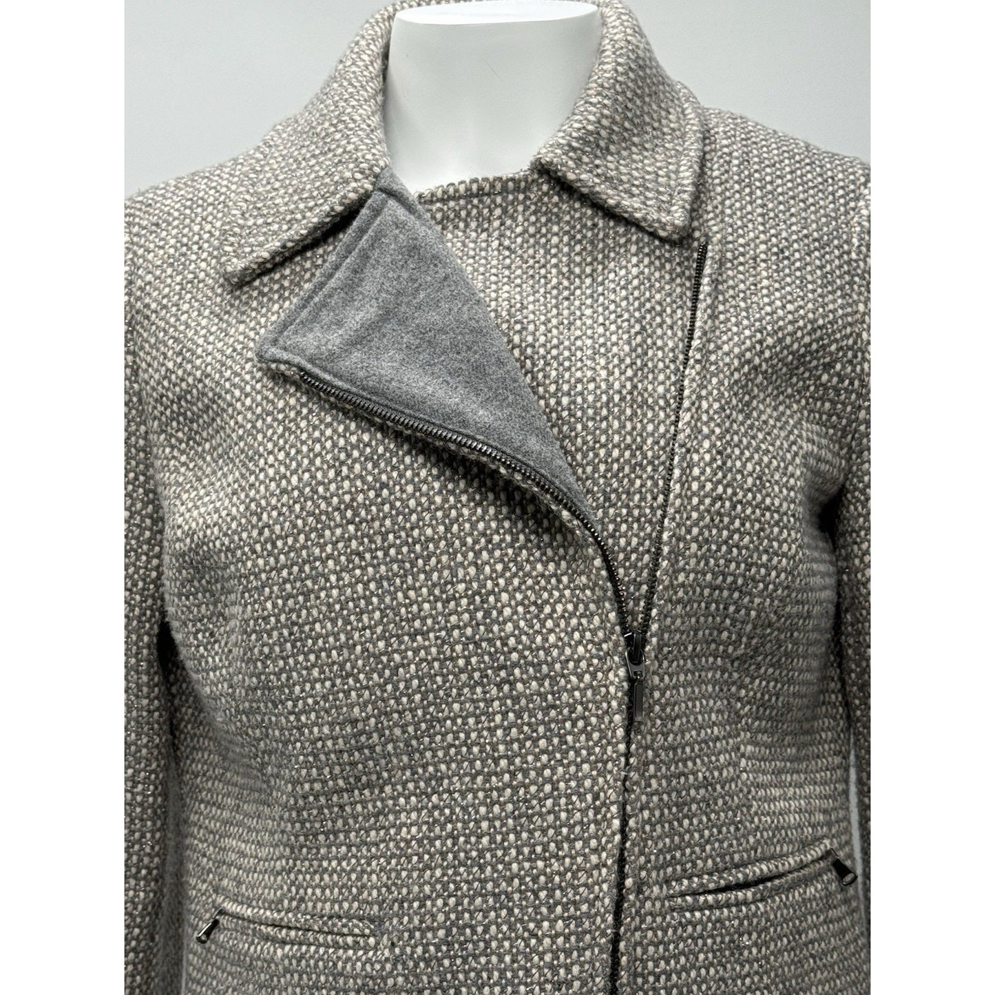 Talbots Women's Tweed Zip Front Moto Jacket Wool Blend Metallic Gray Size 6