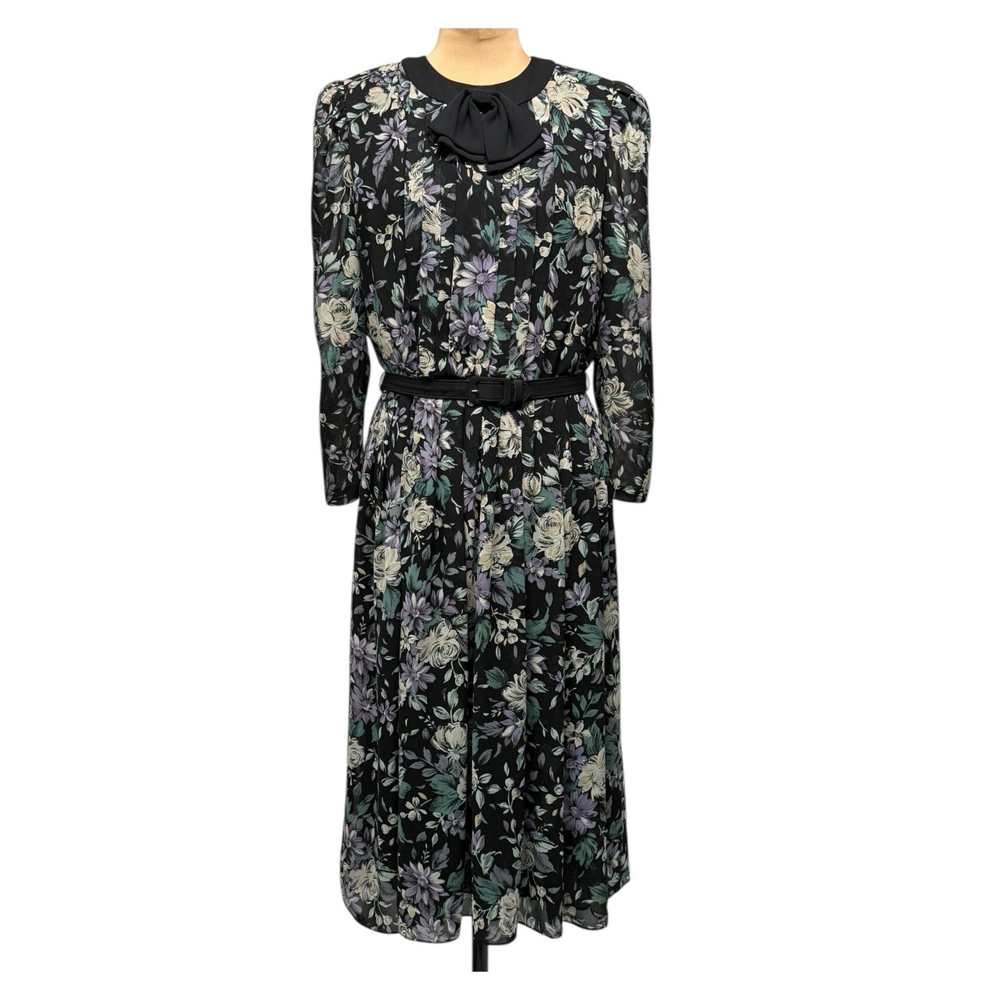 Vintage Donna Morgan NSP Black Floral Midi Dress w/ Bow Neck & Belt – S/P