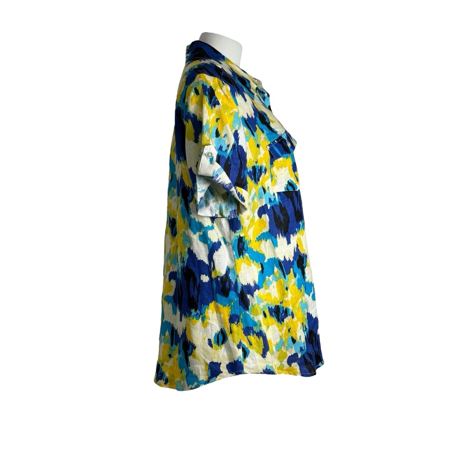 Kim Rogers Women Sz XL 100% Linen Button Front Shirt Blouse Blue Yellow Print