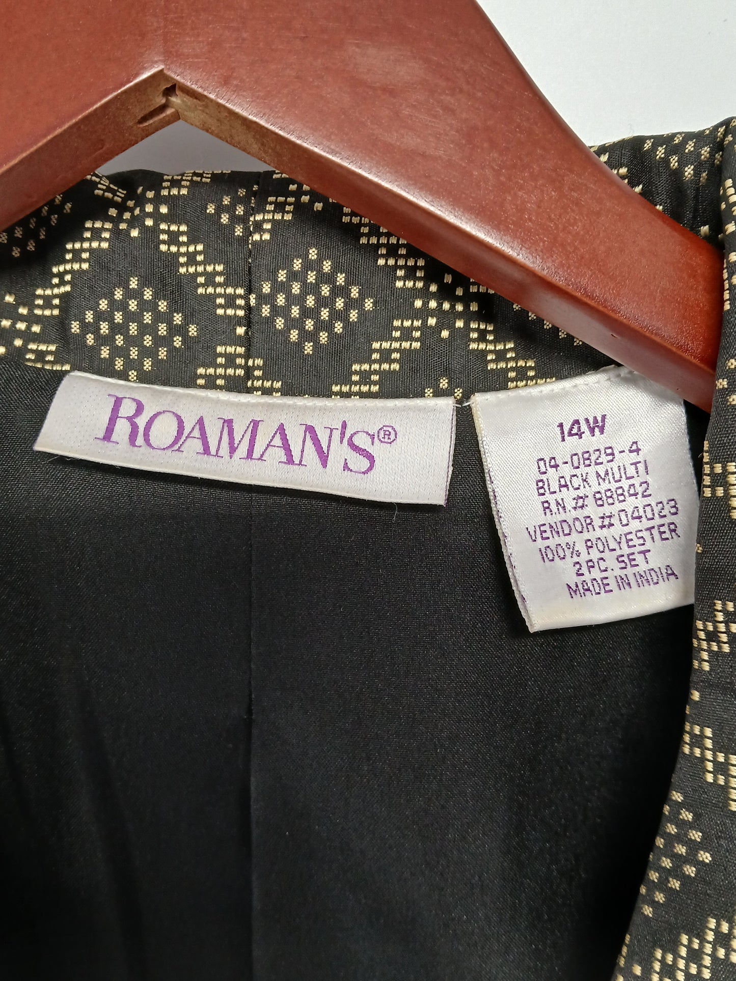 "Roaman's Women's 14W Black Gold Geometric Blazer Jacket – Plus Size Elegant Polyester Coat"