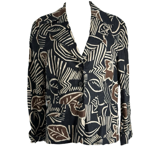 Bianca Linen Blazer Jacket 100% Linen Size 12 Black Brown Geo Artsy Cottagecore