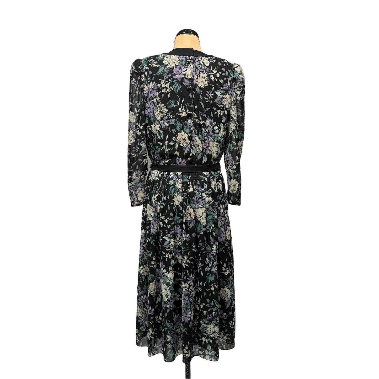 Vintage Donna Morgan NSP Black Floral Midi Dress w/ Bow Neck & Belt – S/P