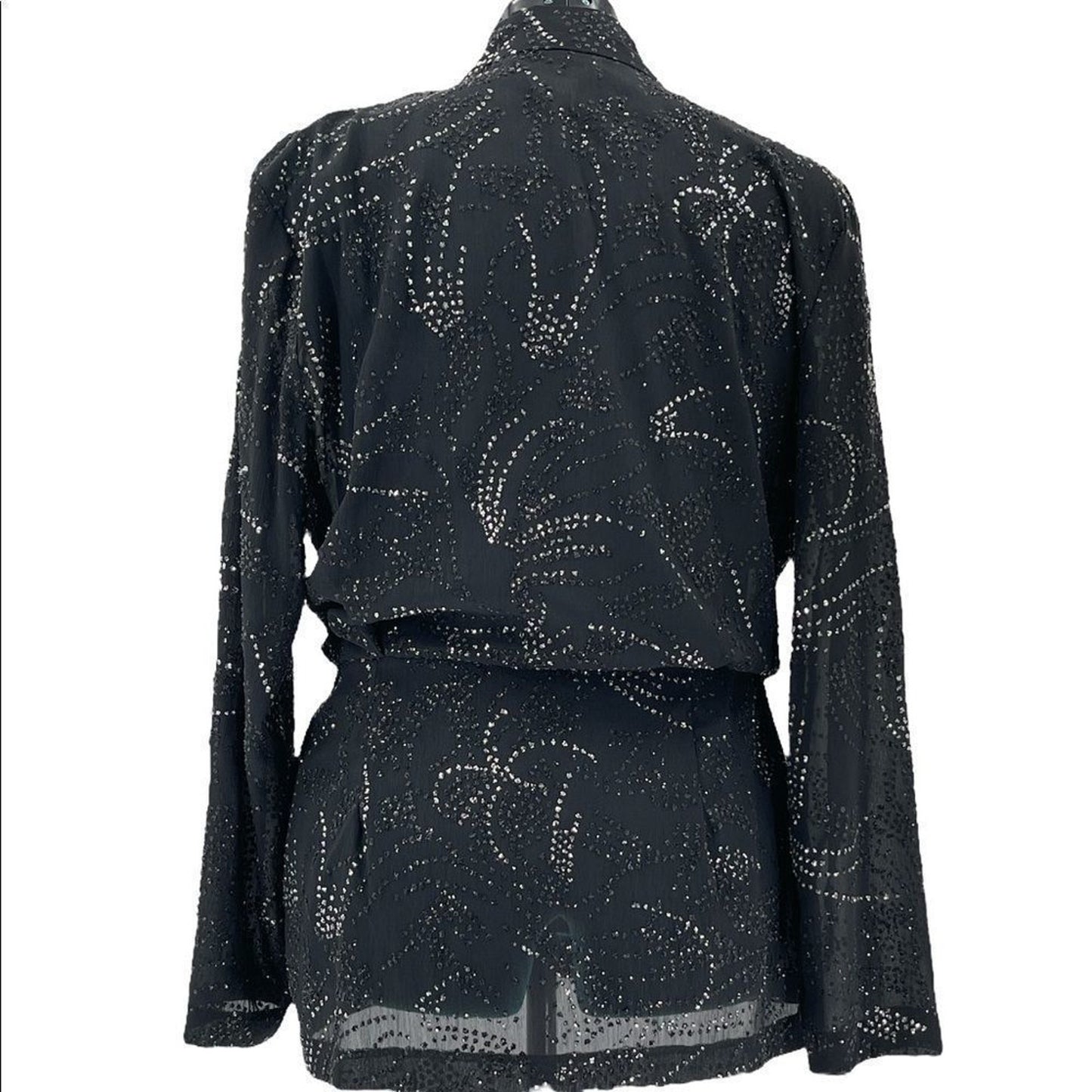 Vintage Monica Heart Shimmer Womens Blouse Black Tie Front V-neck Size 12