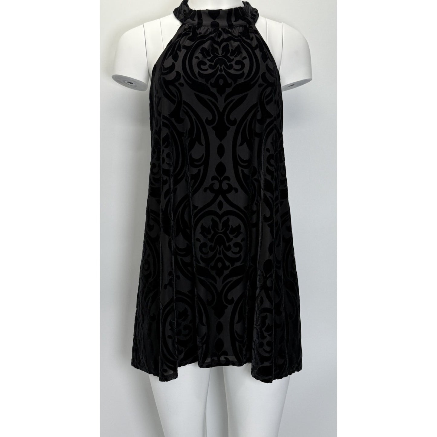 Francesca’s Women’s Small Black Burnout Velvet Halter Dress Made in USA