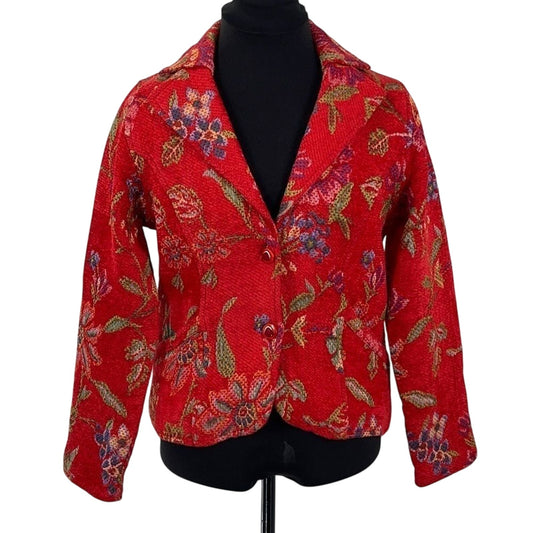 Parsley & Sage Boho Artsy Floral Jacket Red Woven Texture Button Front SZ Small