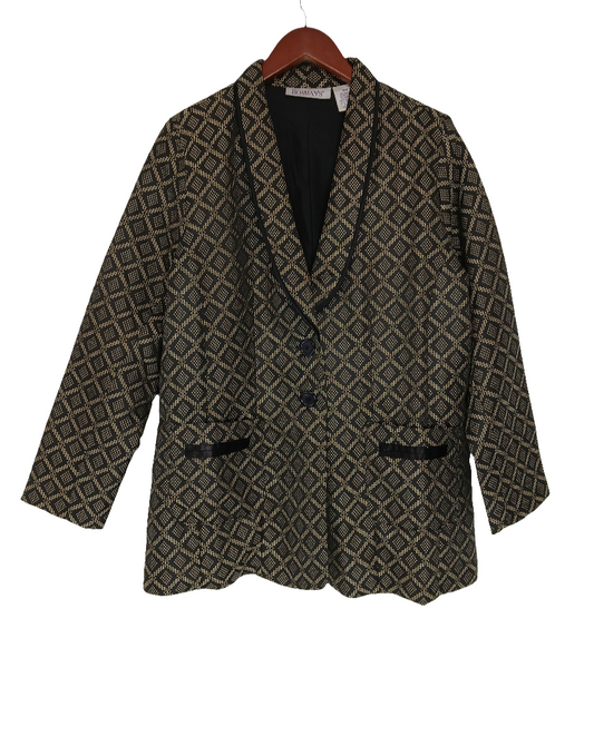 "Roaman's Women's 14W Black Gold Geometric Blazer Jacket – Plus Size Elegant Polyester Coat"