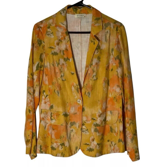 STARK X 100% Linen Blazer Jacket – Yellow Floral Print – Women’s Size Small – Lightweight Summer Layer