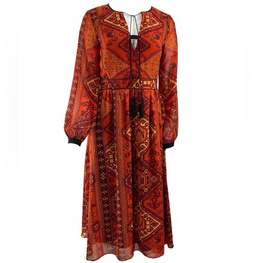 Anthology Tapestry Print Boho Midi Dress Long Sleeve Size Small