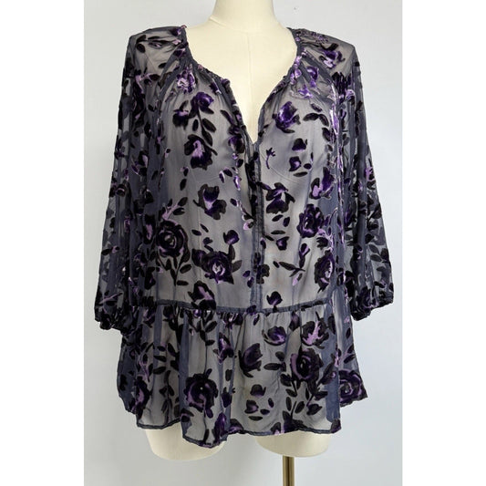 Faded Glory Sheer Navy Purple Velvet Burnout Top Sz XXL Fairy Boho