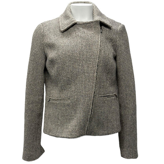 Talbots Women's Tweed Zip Front Moto Jacket Wool Blend Metallic Gray Size 6