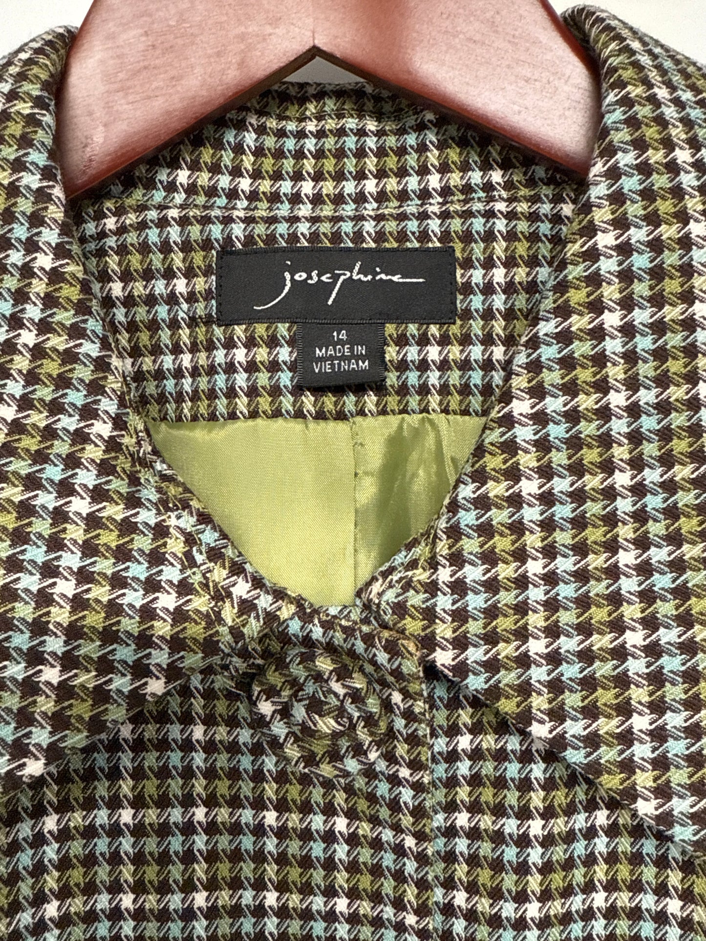 JOSEPHINE Blue Green Plaid Peplum Jacket – Size 14, Covered Buttons, Fully Lined