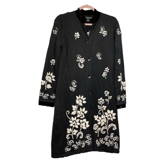 Josephine Chaus Embroidered Boho Cardigan Coat – Black & Ivory Floral | Petite Small