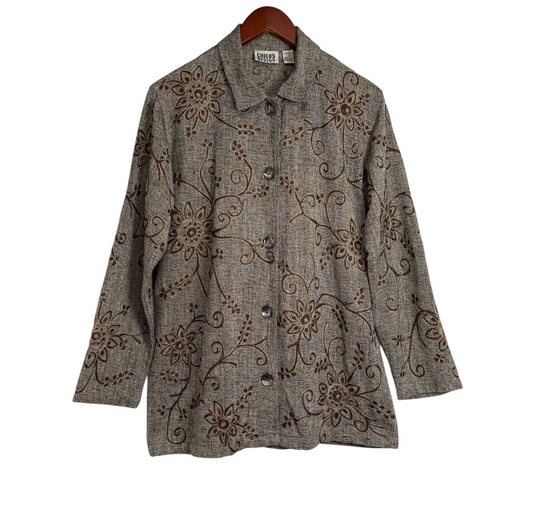 Chico’s Silk Blend Brown Embroidered Button Jacket – Floral Boho Style – Size 0