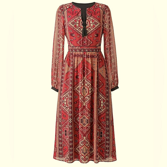 Anthology Tapestry Print Boho Midi Dress Long Sleeve Size Small