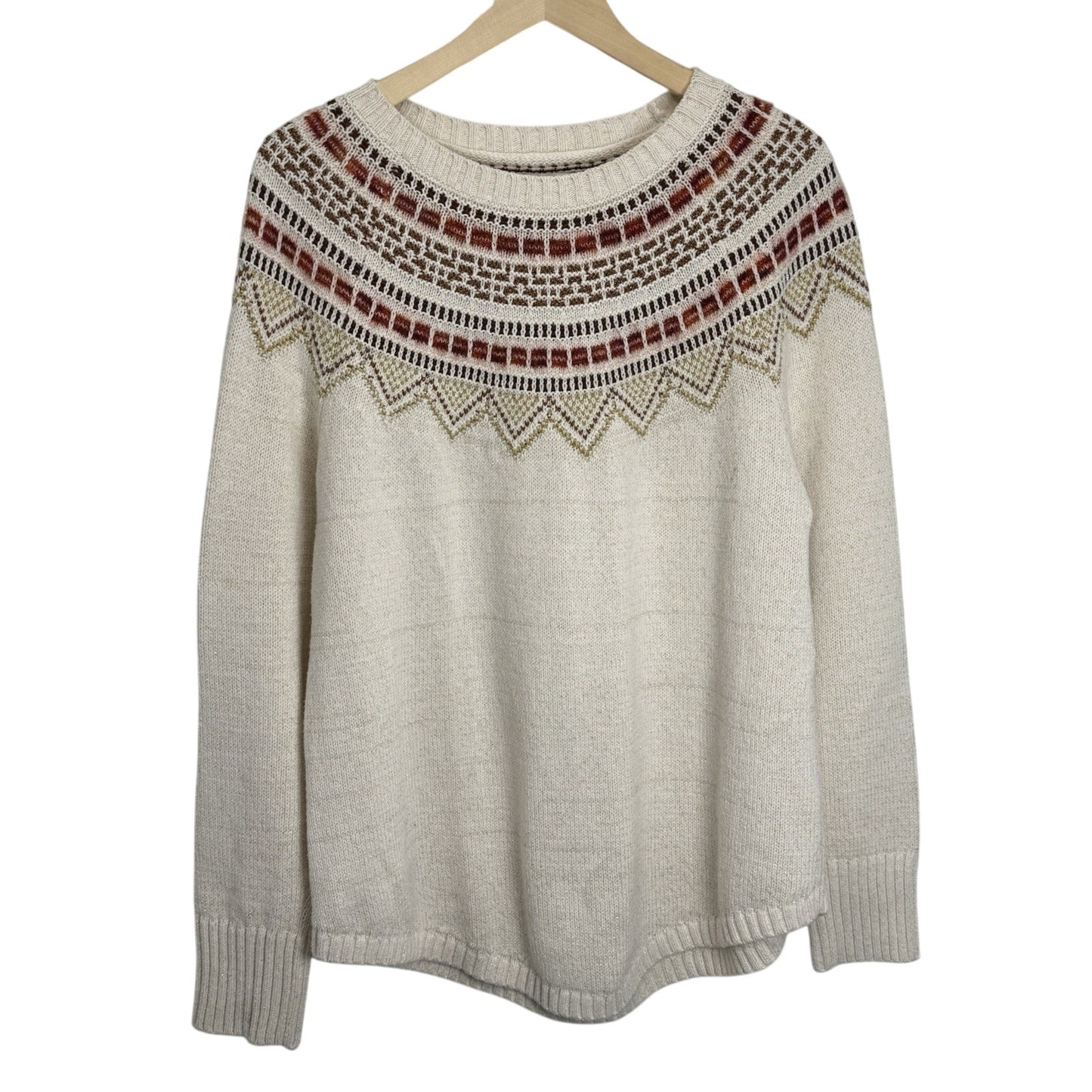LOFT Fair Isle Knit Sweater XL Cream Brown Pullover Winter Holiday Cozy Warm