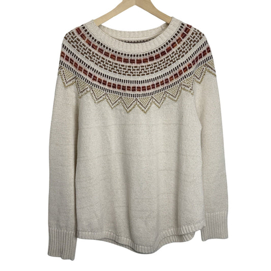 LOFT Fair Isle Knit Sweater XL Cream Brown Pullover Winter Holiday Cozy Warm