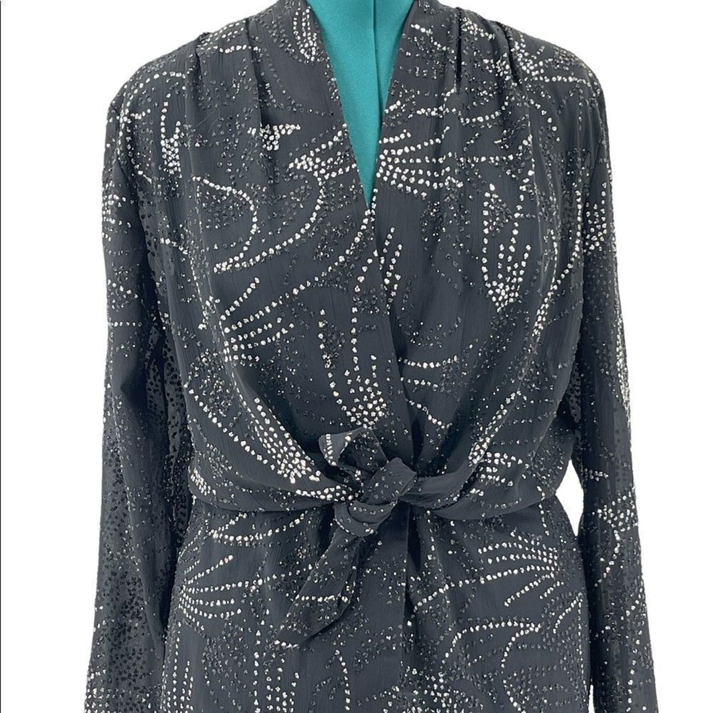 Vintage Monica Heart Shimmer Womens Blouse Black Tie Front V-neck Size 12