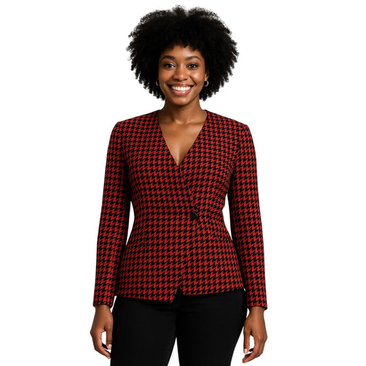 D’ANELLO New York Women’s Size 8 Red Black Houndstooth Wool Blazer Jacket USA Made