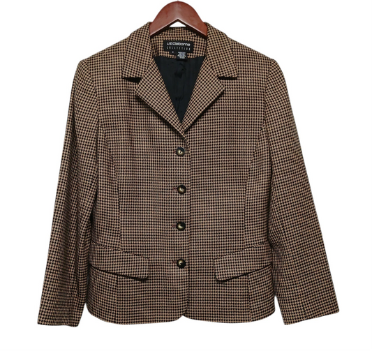 Liz Claiborne Collection 100% Wool Plaid Jacket Sz 8 Made in USA Classic Check Blazer