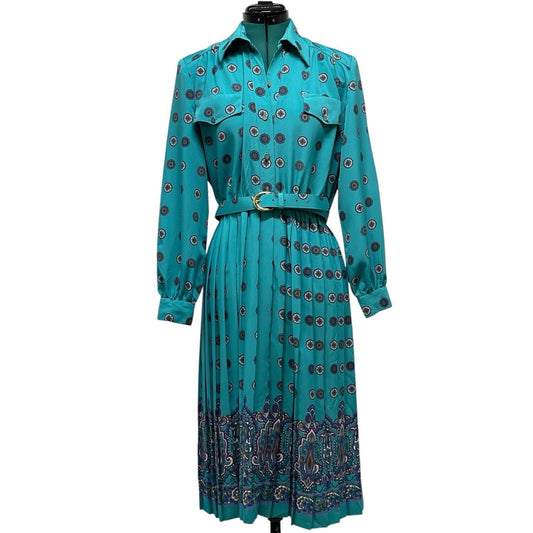 Schrader Vtg 80s Teal Cottagecore Modest Secretary Pleated Dress Womens Sz 10 P