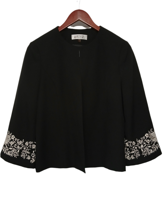 Kasper Black Open Front Blazer Sz 8 Embroidered Cuff Detail Career Jacket