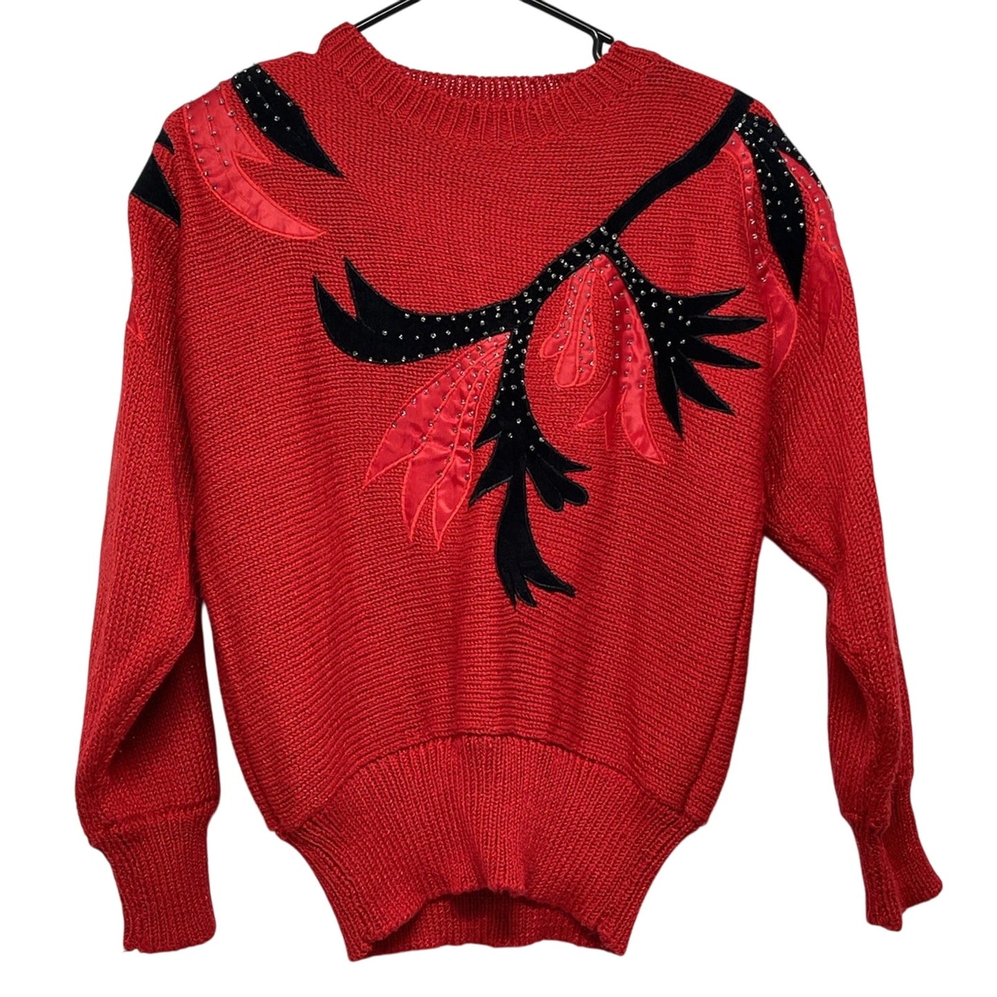 Vintage Susann D Red Sweater Small 80s Leaf Applique Beaded Sequin Knit Pullover