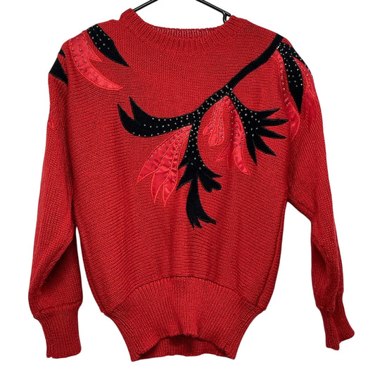 Vintage Susann D Red Sweater Small 80s Leaf Applique Beaded Sequin Knit Pullover