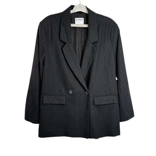 Old Navy Women’s Black Linen Blend Blazer Jacket L Double Breasted Classic Look