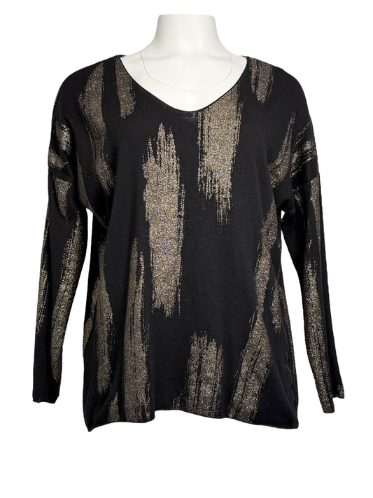Made in Italy Black Angora Blend Sweater Top with Bronze Brushstroke Print – High Low Pullover
