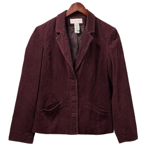 Women Liz Claiborne Corduroy Blazer Jacket Size 10 Burgundy Lined Cotton Casual