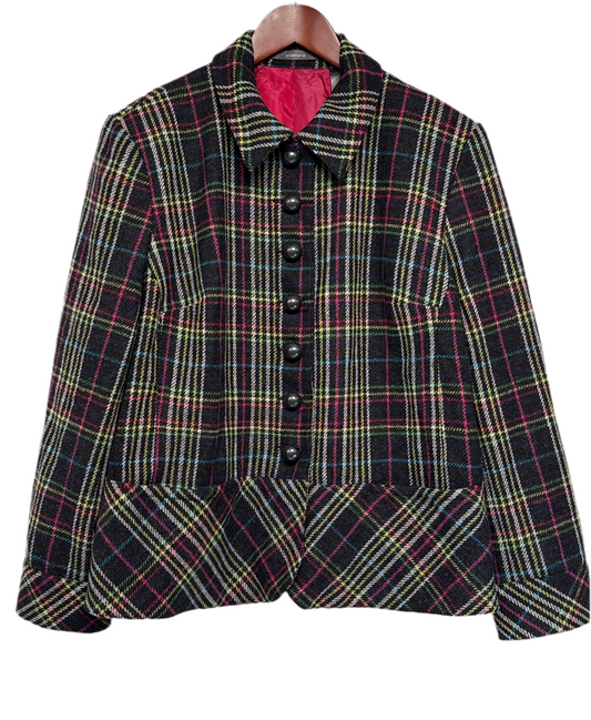 Liz Claiborne Multicolor Plaid Wool Jacket – Size 14W, Pink Lining, Black Buttons