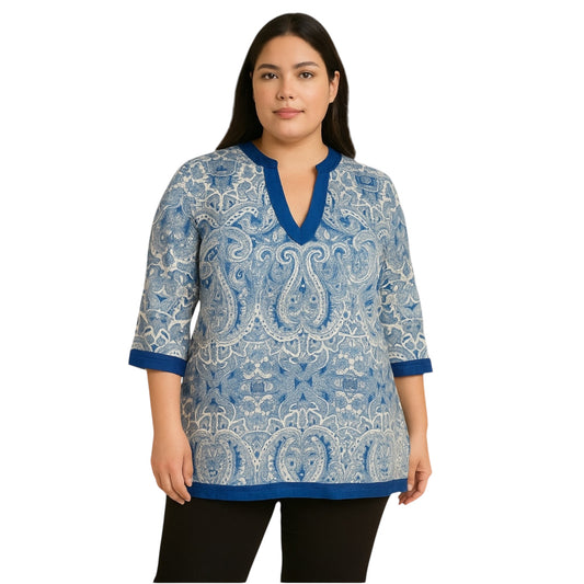 100% Linen Brooks Brothers 346 Blouse Tunic Women’s Top Sz Large , Blue Paisley