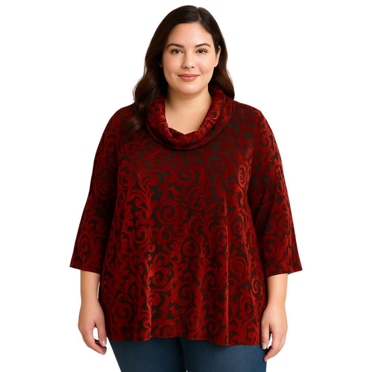 Ruby Rd. Woman 3X Red Black Burnout Velvet Cowl Neck Top Stretch Holiday Blouse