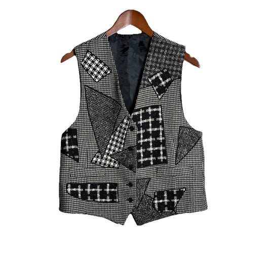 Vintage Patchwork Houndstooth Wool Blend? Vest Sz M USA Made Women Retro Mod