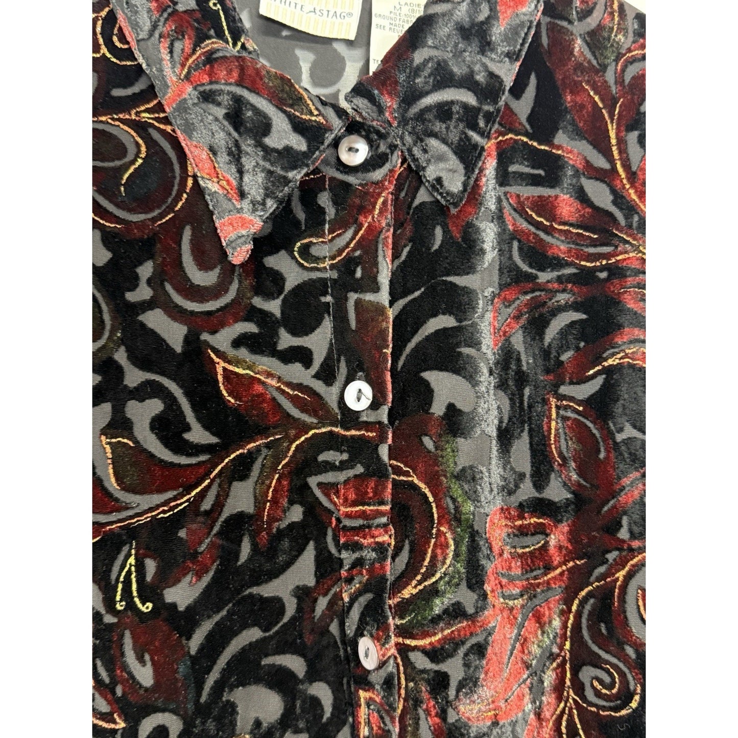 White Stag Velvet Burnout Shirt Womens Button Up Floral Whimsigoth Top Sz Medium