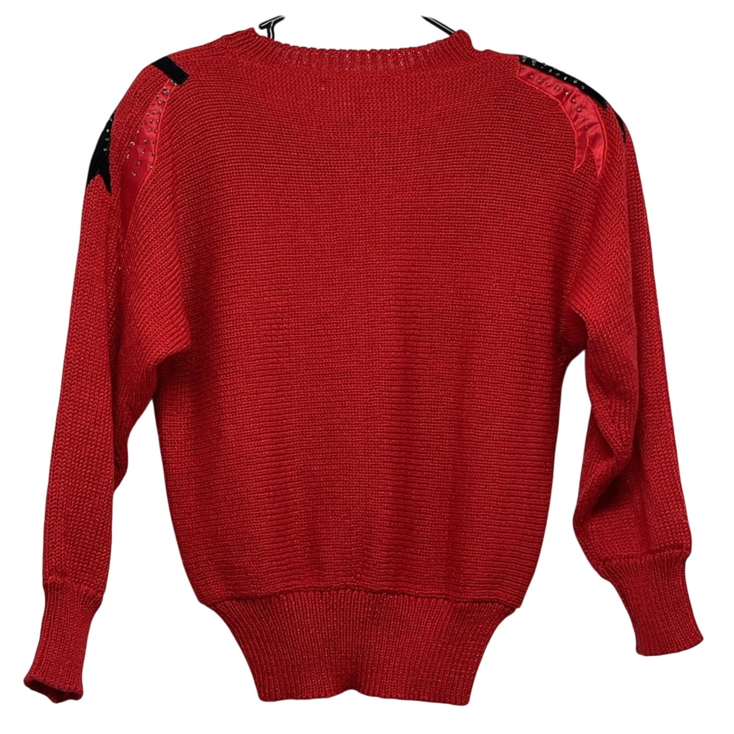 Vintage Susann D Red Sweater Small 80s Leaf Applique Beaded Sequin Knit Pullover
