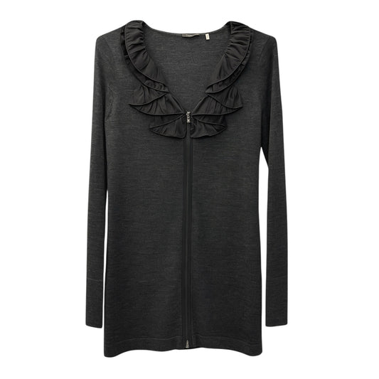 Tahari Cardigan Size S Black Ruffle Collar Zip Front LS Sweater Wool Blend