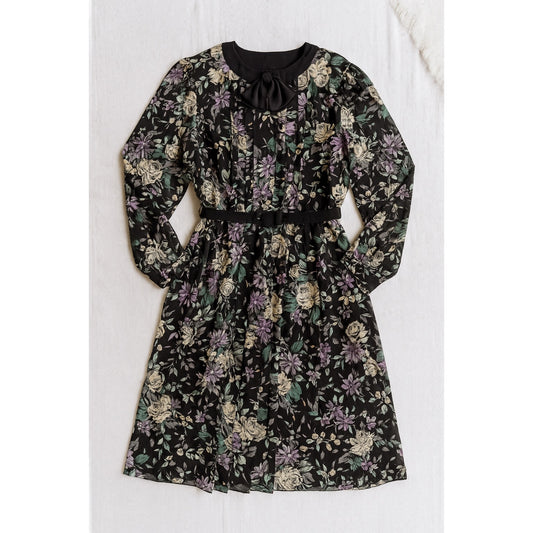 Vintage Donna Morgan NSP Black Floral Midi Dress w/ Bow Neck & Belt – S/P