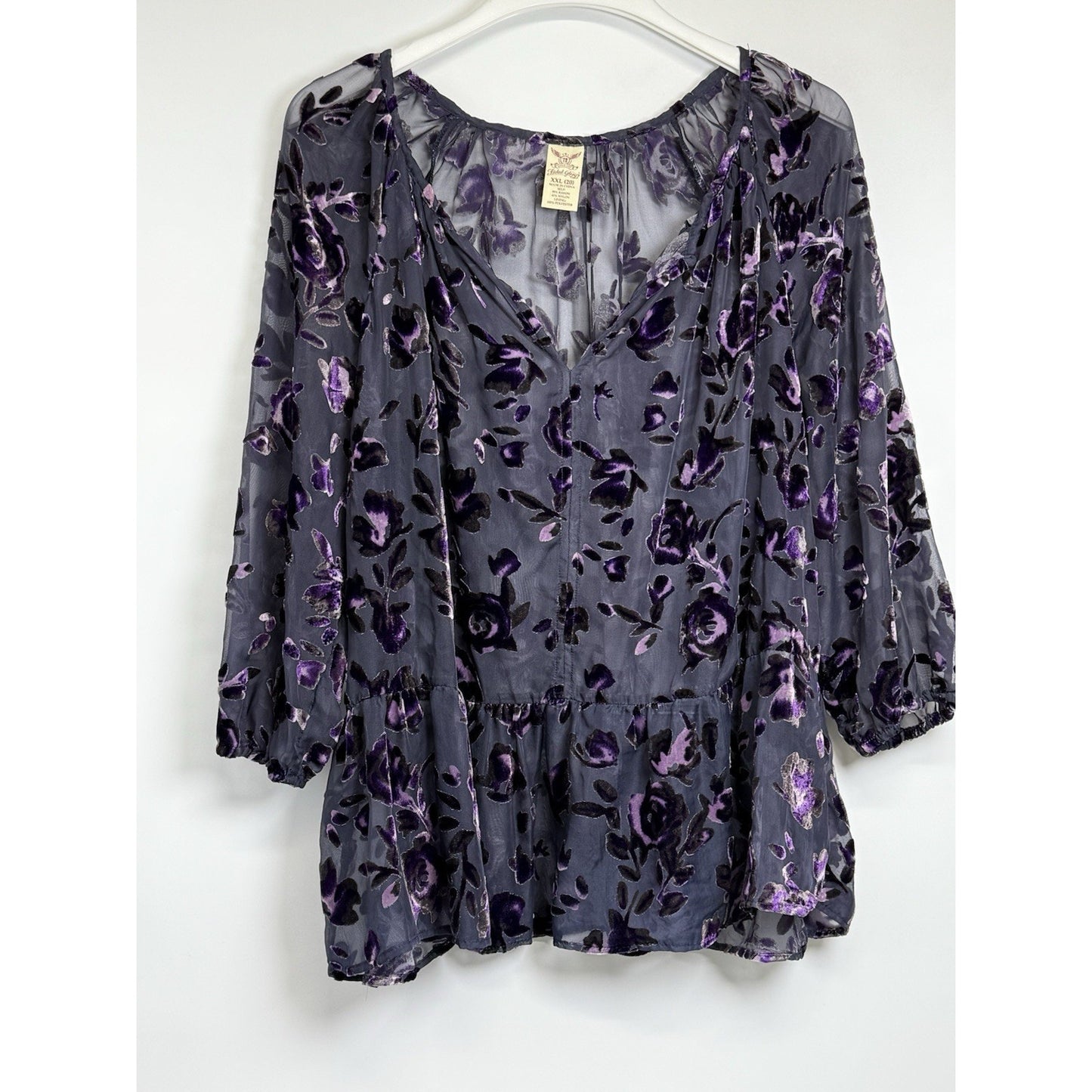 Faded Glory Sheer Navy Purple Velvet Burnout Top Sz XXL Fairy Boho