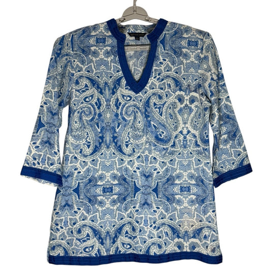 100% Linen Brooks Brothers 346 Blouse Tunic Women’s Top Sz Large , Blue Paisley