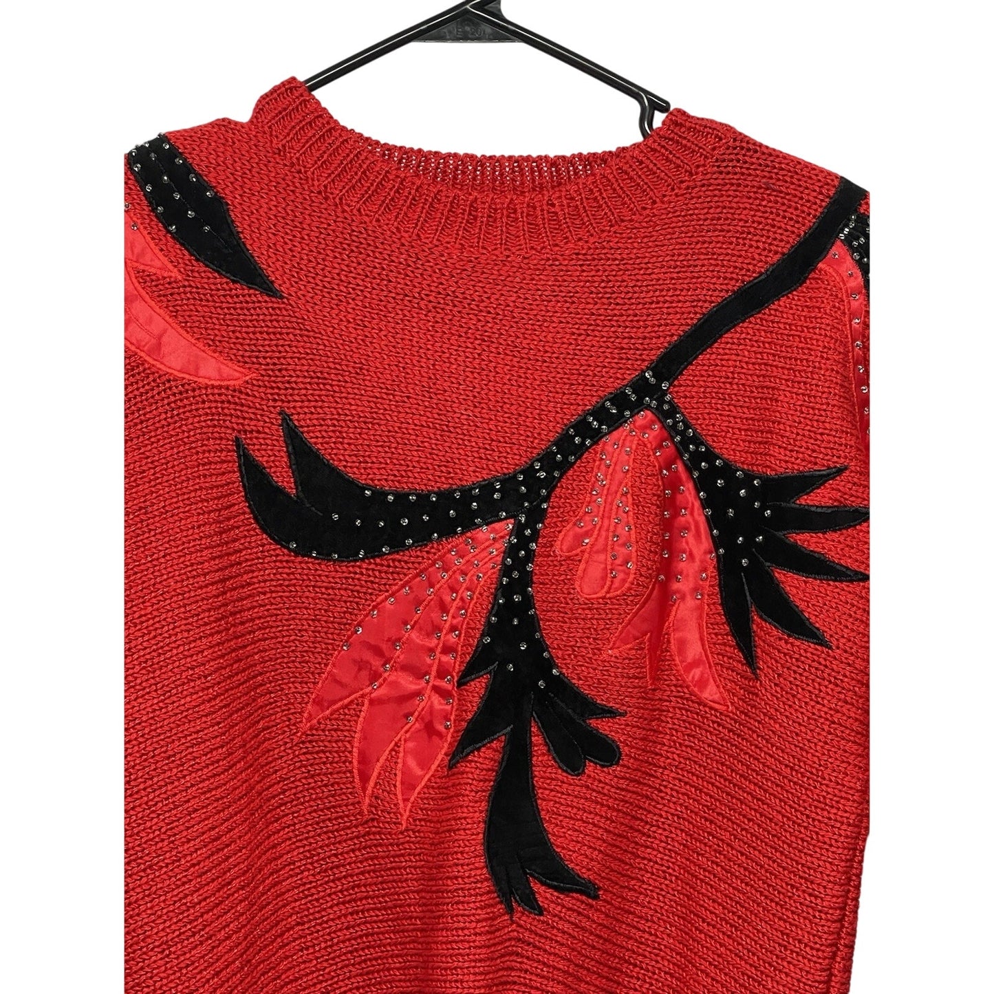 Vintage Susann D Red Sweater Small 80s Leaf Applique Beaded Sequin Knit Pullover