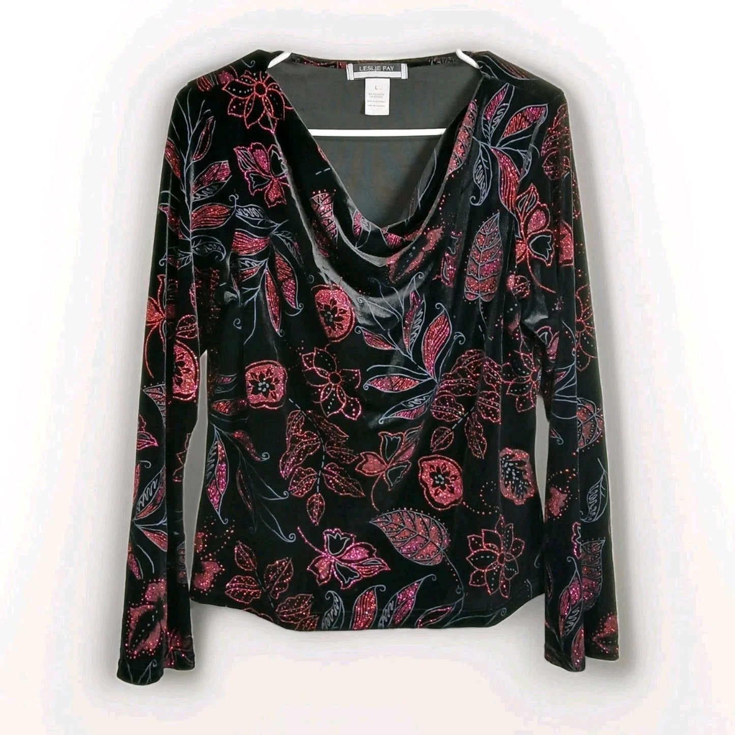 Vintage Leslie Fay Black Velvet Glitter Floral Long Sleeve Cowl Neck Top Sz L