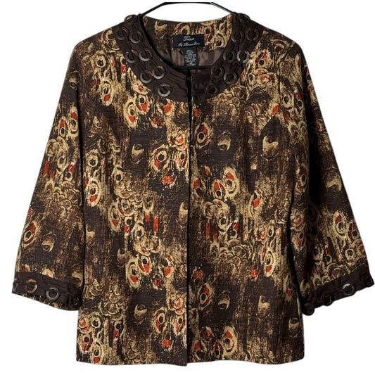Women’s Trenz Silk Blend Jacket M Brown Art Print 3/4 Sleeve Beaded Trim Boho
