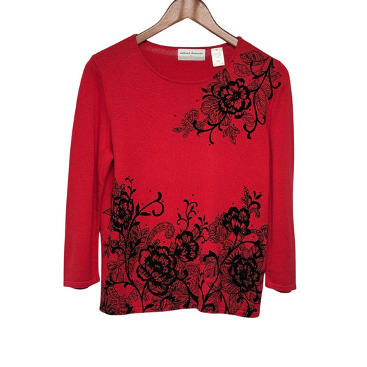 Alfred Dunner Red Floral Cotton Blend Sweater – Petite Small Floral Black Rhinestone