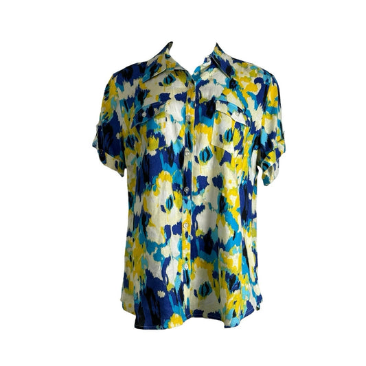 Kim Rogers Women Sz XL 100% Linen Button Front Shirt Blouse Blue Yellow Print