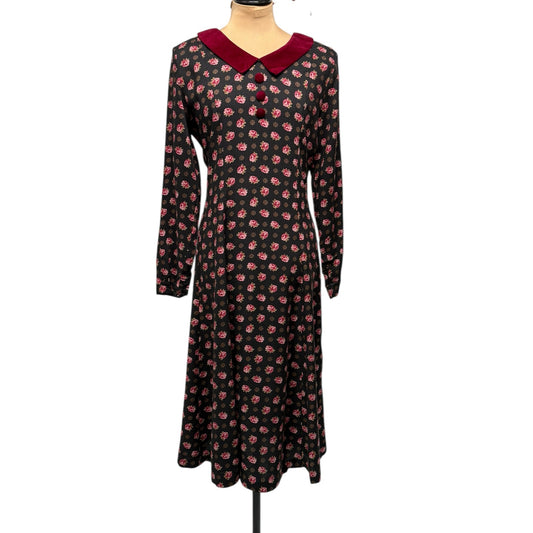 Vintage Maria Casero Black Rose Midi Dress with Velvet Collar – Made in USA – 14P
